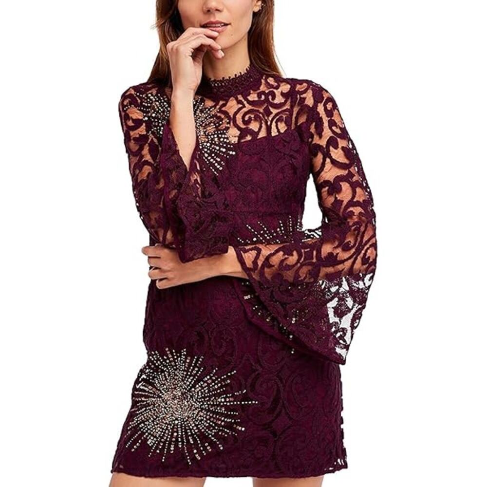 Free People North Star Mini Dress Plum Lace Boho Bohemian Formal Fairy